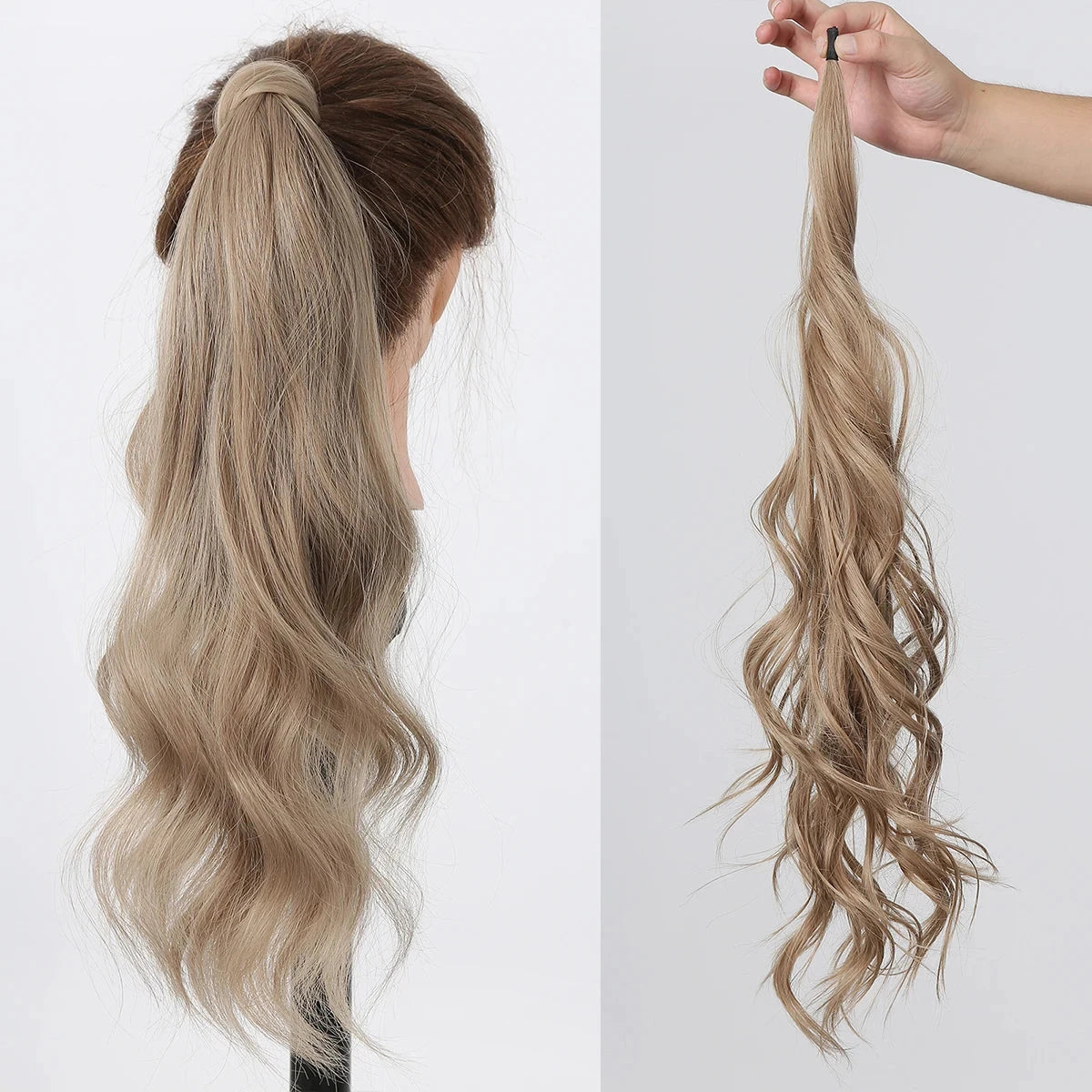 Blonde hair extension worn and held by a person on a white background