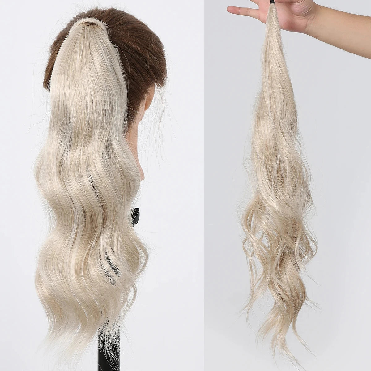 Blonde hair extension worn and held up against a white background