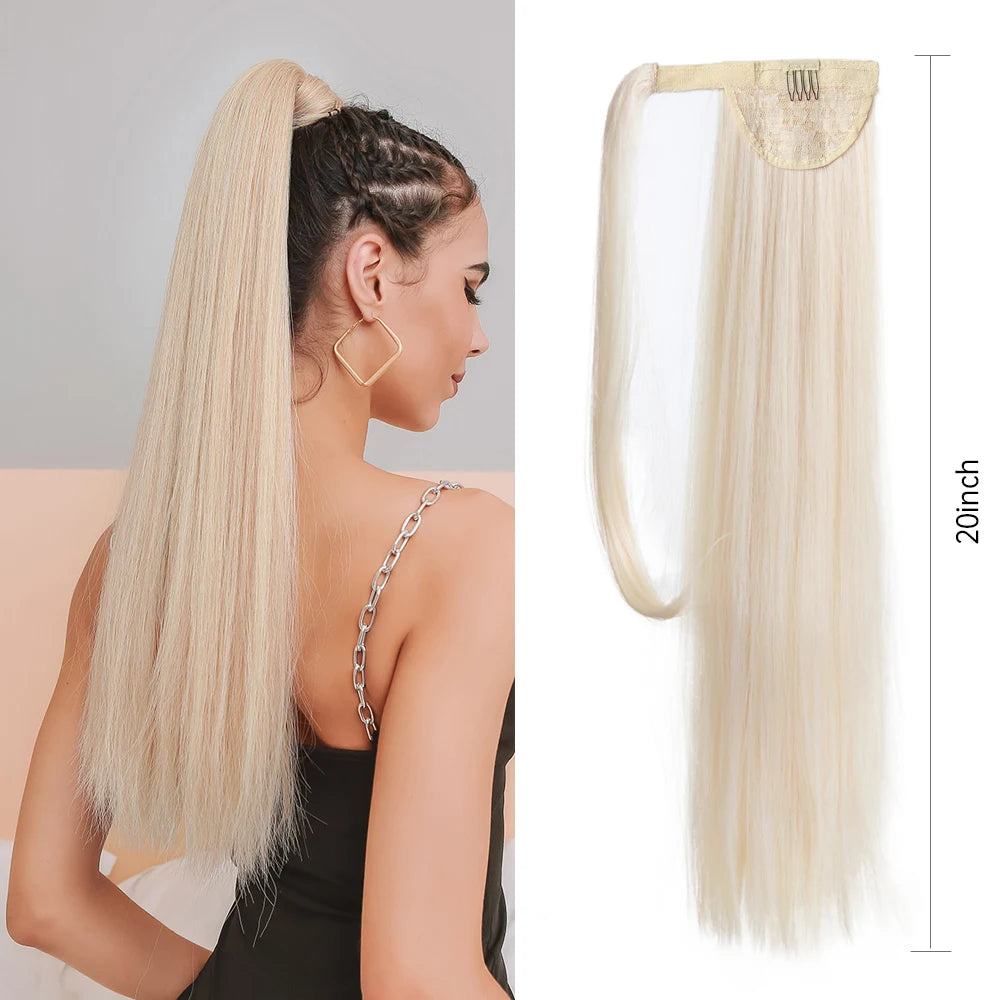 Blonde hair extension worn by a model with a plain background