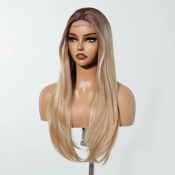 Blonde long wig displayed on mannequin with baby hairs