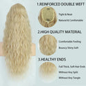 Blonde ponytail extensions with features highlighted on a light blue background