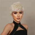 Blonde short pixie wig displayed on a model