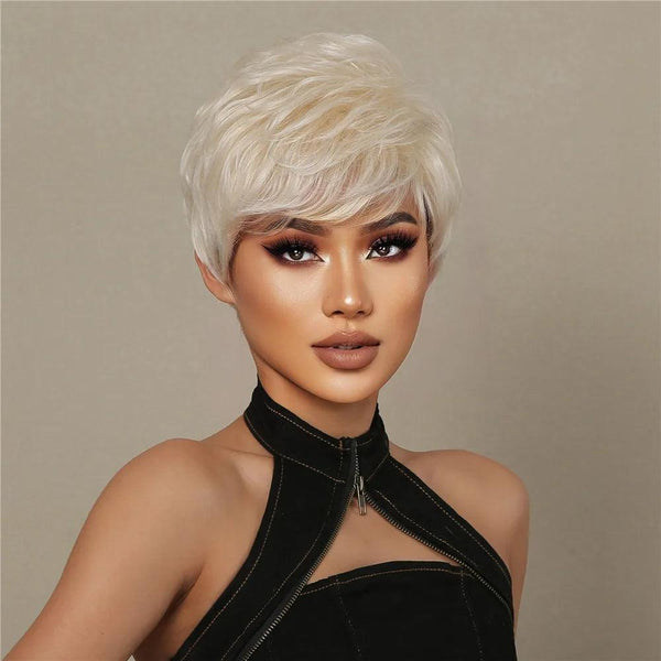Blonde short pixie wig displayed on a model