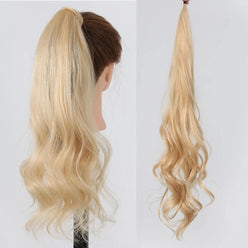 Blonde wavy hair extension on a mannequin head and separately.