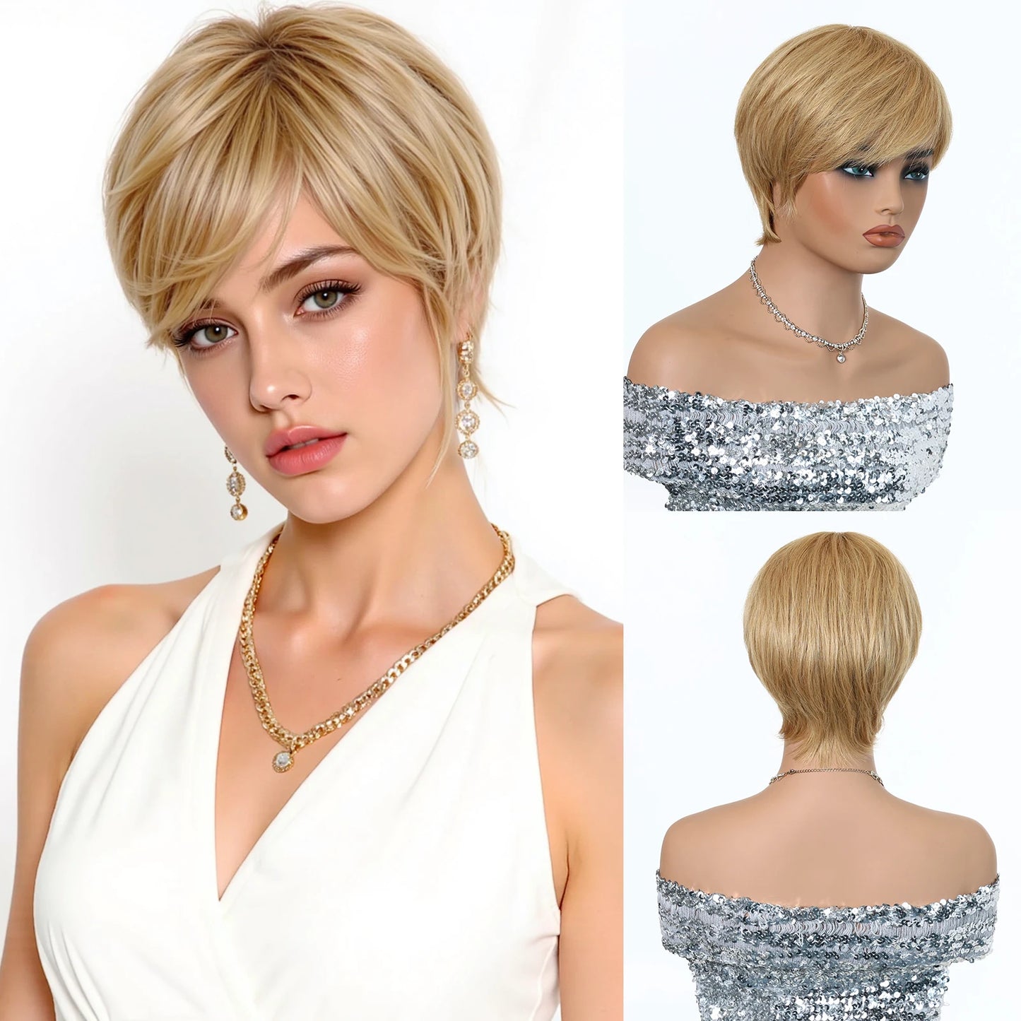 Blonde wig displayed on a mannequin and a woman, with close-up views.