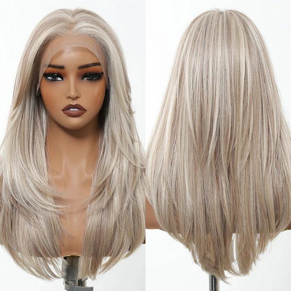 Blonde wig displayed on a mannequin head with a plain background