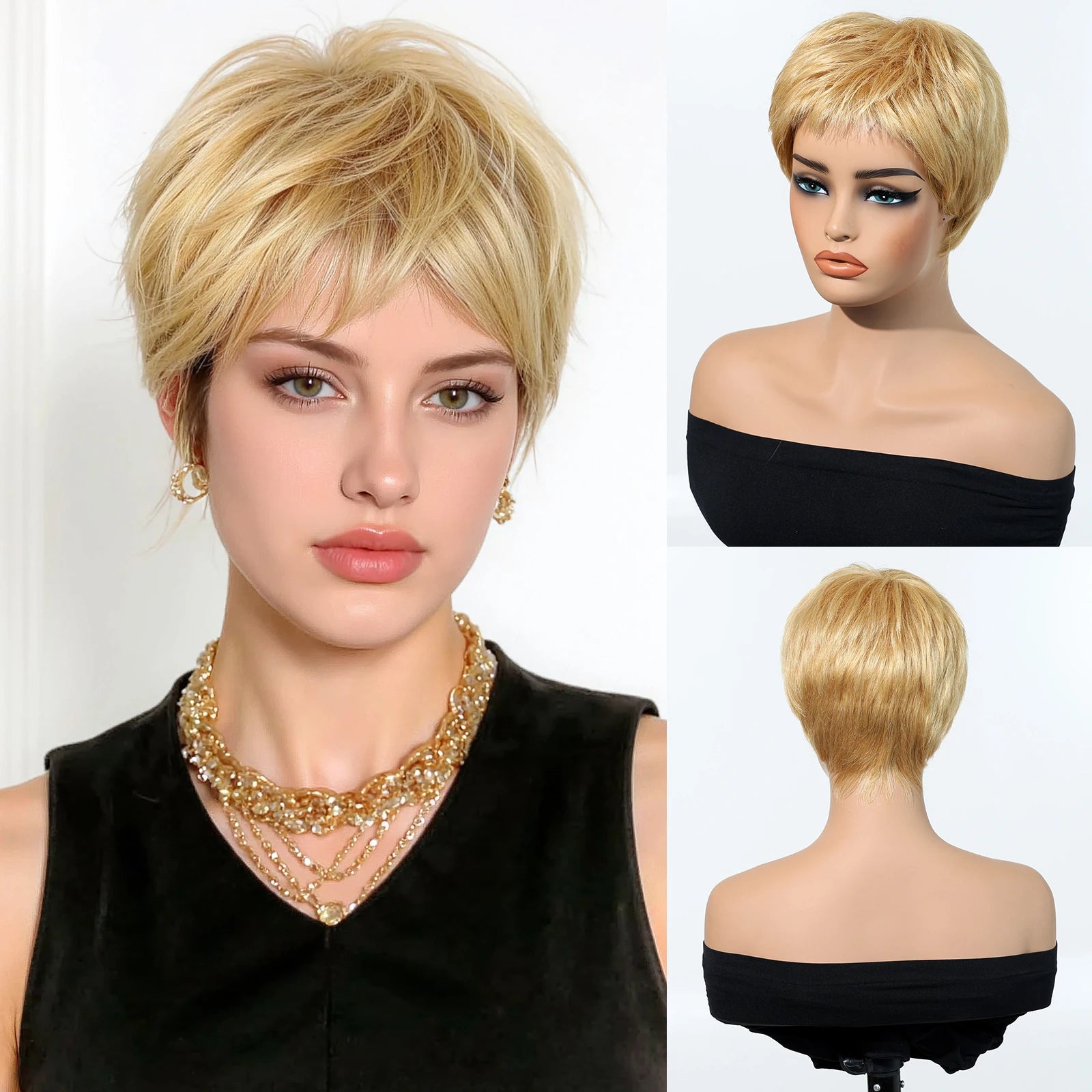 Blonde wig displayed on a mannequin head with close-up views.
