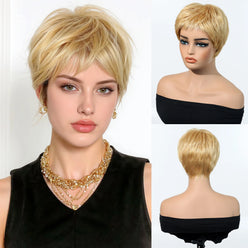 Blonde wig displayed on a mannequin head with close-up views.