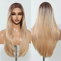 Blonde wig displayed on mannequin with baby hairs