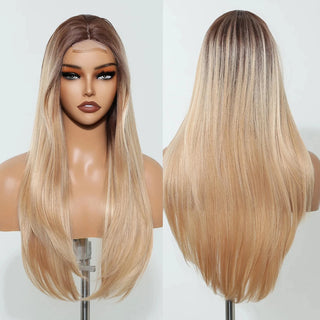 Blonde wig displayed on mannequin with baby hairs