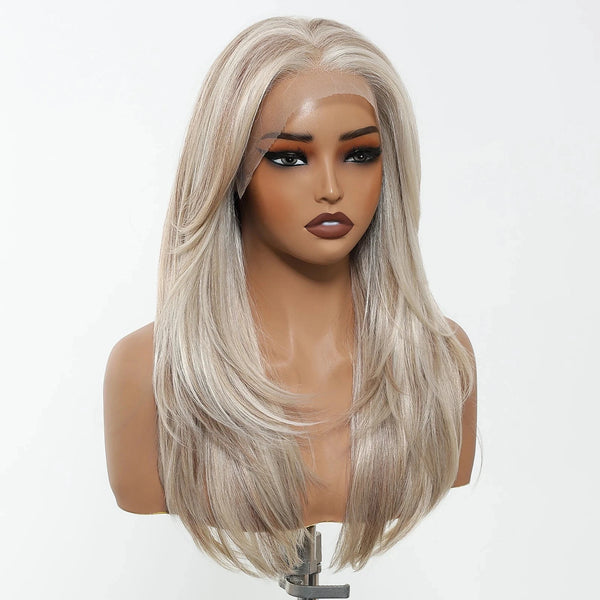 Blonde wig on a mannequin head against a white background