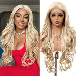 Blonde wig on a mannequin head next to a woman wearing the wig.