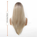 Blonde wig on a mannequin head with measurements indicated.
