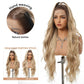 Blonde wig on a mannequin head with styling options and natural hairline illustration.