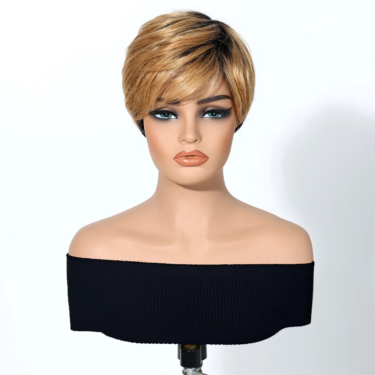 Mannequin head with a blonde wig on a white background