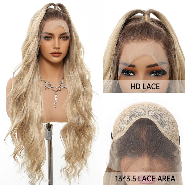Blonde wig with HD lace front and detailed lace area on a white background
