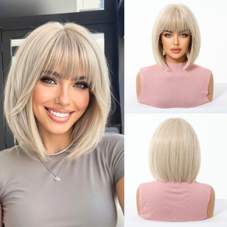 Blonde wig with bangs worn by a woman and displayed on mannequin heads.