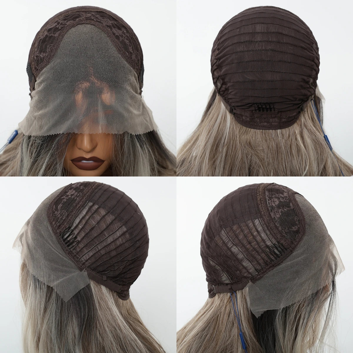 Brown hair cap with mesh front on a mannequin head against a white background