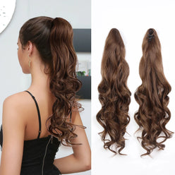 Brown hair extension styled on a woman's head with two views of the extension on a white background.