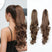 Brown hair extension worn by a model and shown from different angles on a white background.