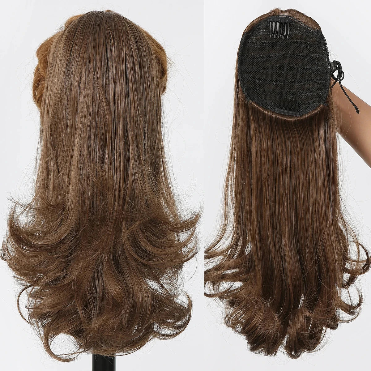 Brown hair large ponytail extension shown from front and back on a white background