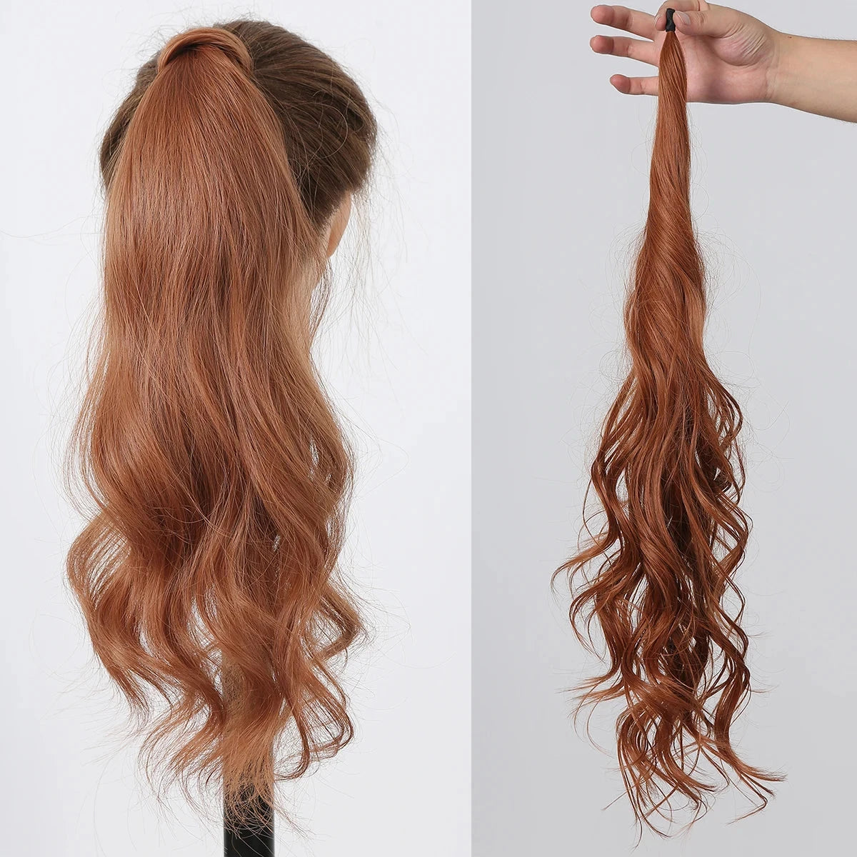 Brown hair ponytail extension on a mannequin head and held by a hand against a white background