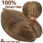 Brown hair topper with a close-up of the root on a white background, labeled '100% Human Hair'.