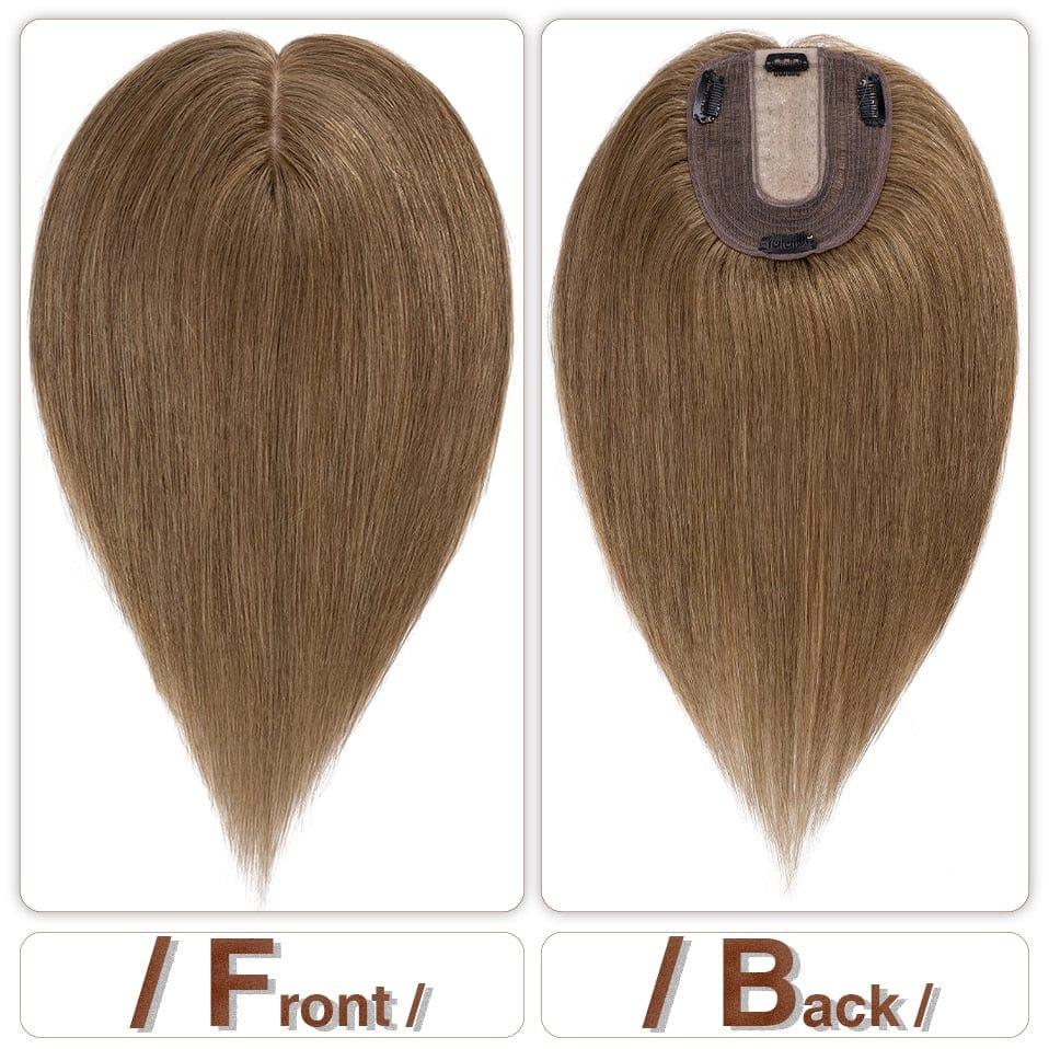 Brown hairpiece shown from front and back perspectives on a white background