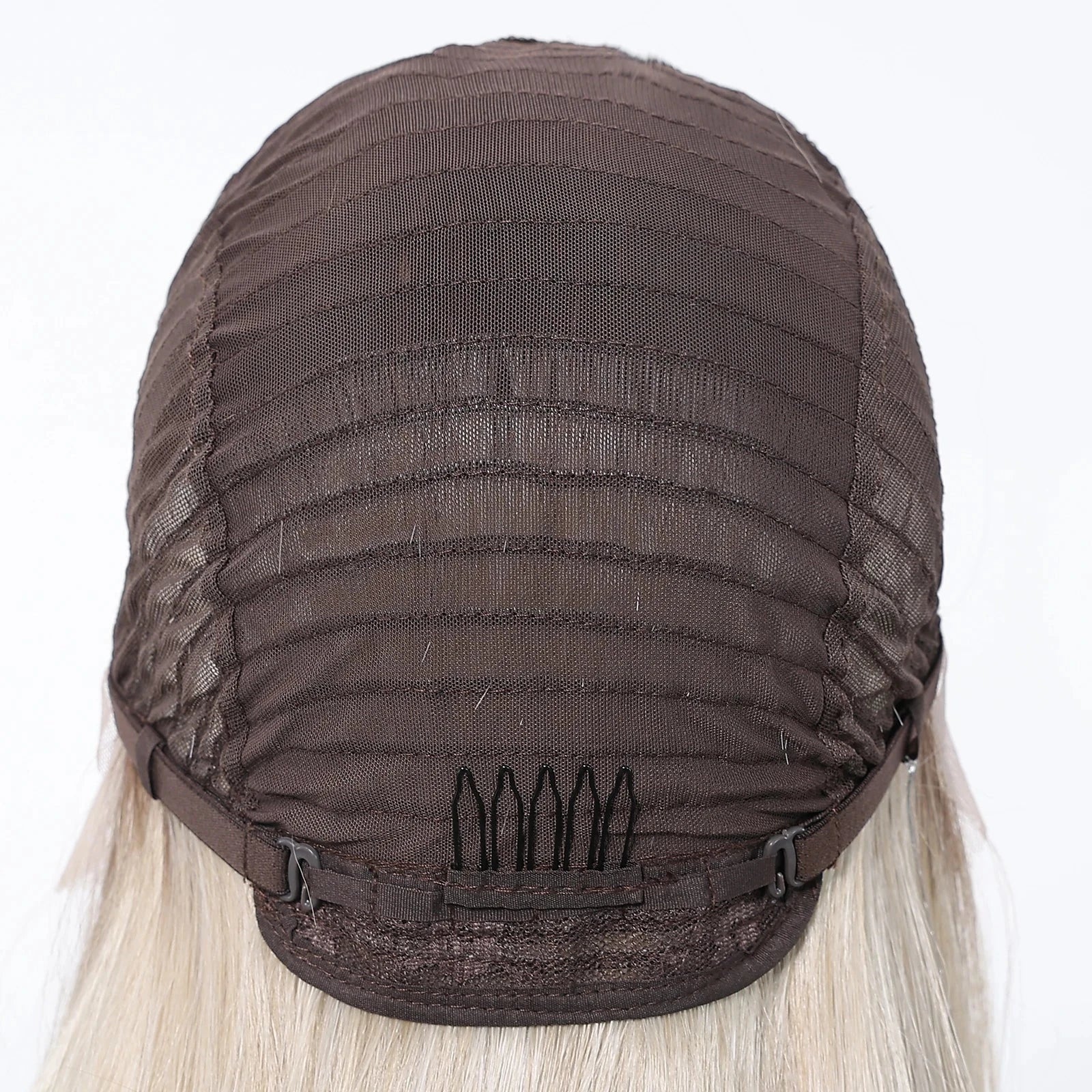 Brown wig cap with blonde hair on a white background