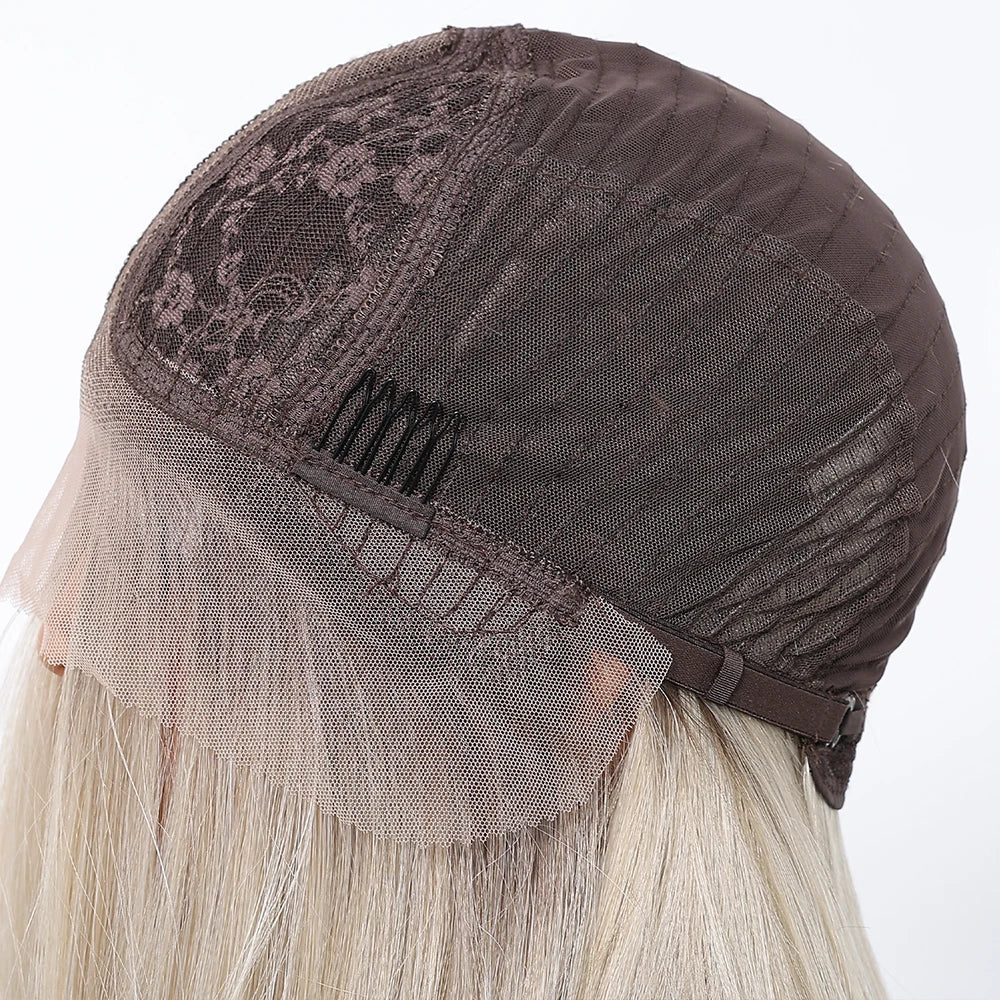 Brown wig cap with lace front and blonde hair underneath on a white background