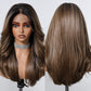 Brown wig displayed on a mannequin head with front and back views.