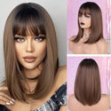 Brown wig with bangs displayed on a mannequin and close-up views.
