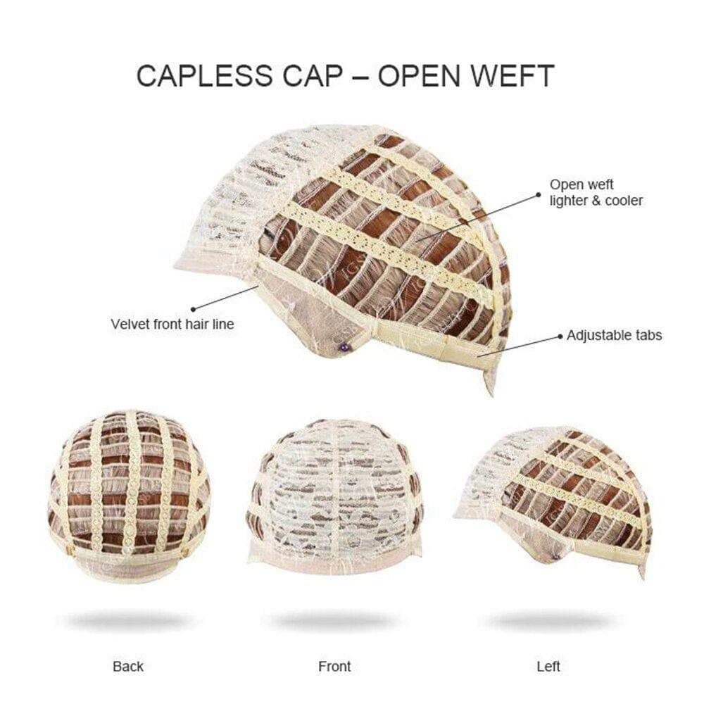 Capless cap with open weft design, showing different angles and features.