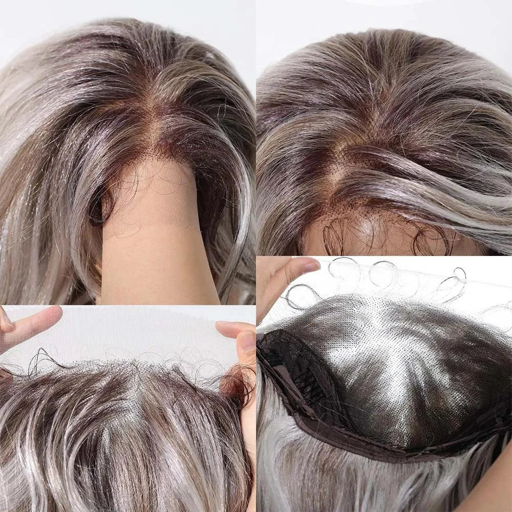 Close-up of 13x4 lace front on silver grey wig demonstrating realistic hairline