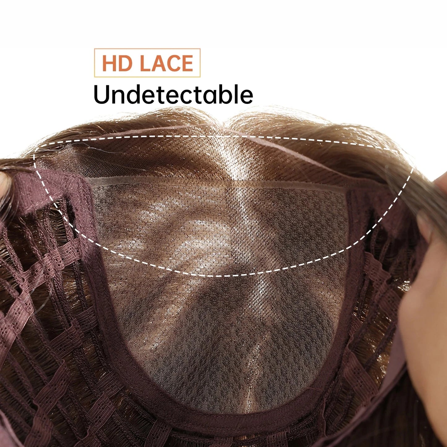 Close-up of HD lace wig with 'Undetectable' text on a white background