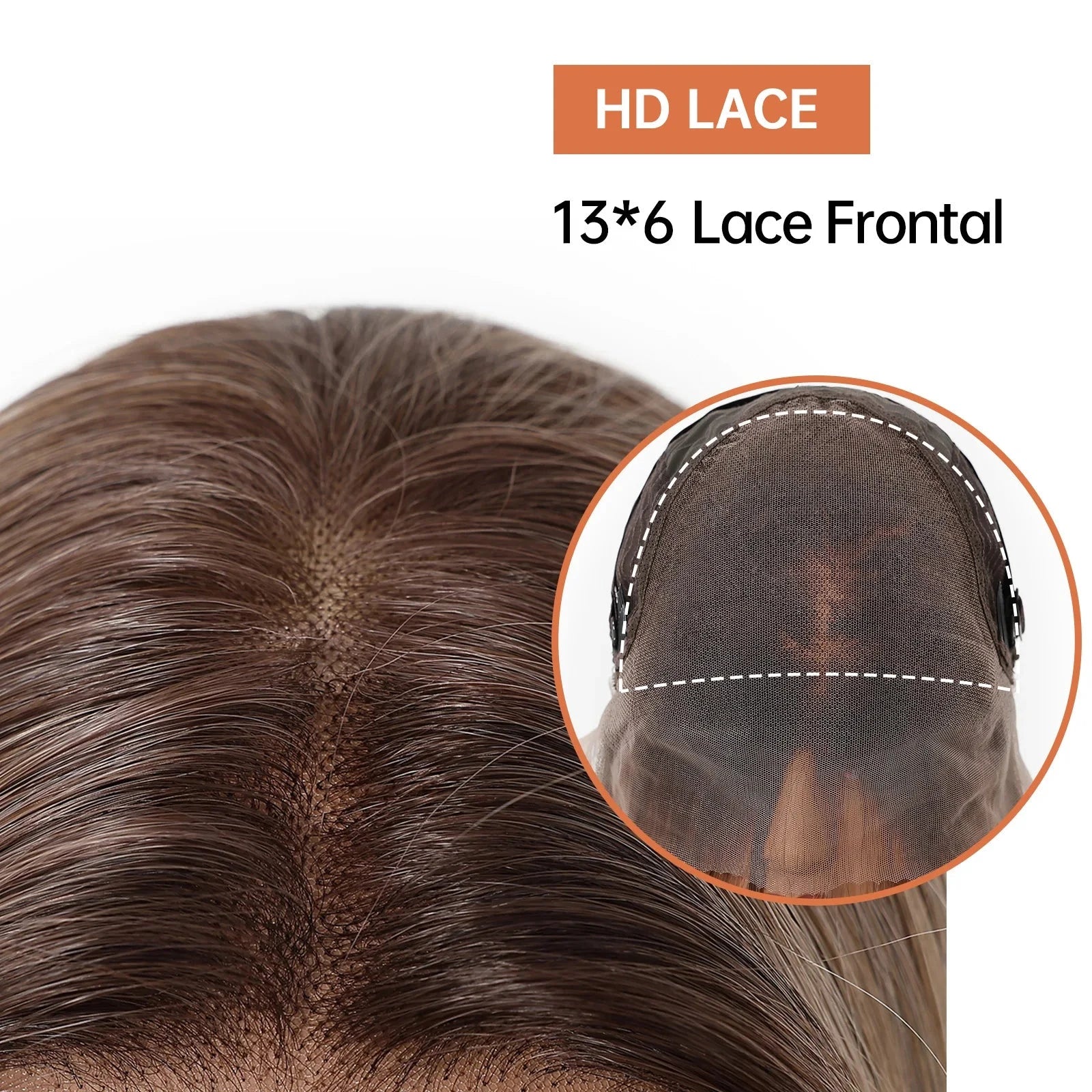 Close-up of a hairpiece with HD lace and 13*6 lace frontal details.