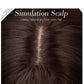 Close-up of a simulation scalp with brown hair strands, labeled 'Simulation Scalp'.