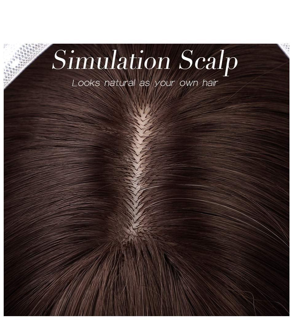 Close-up of a simulation scalp with brown hair strands, labeled 'Simulation Scalp'.