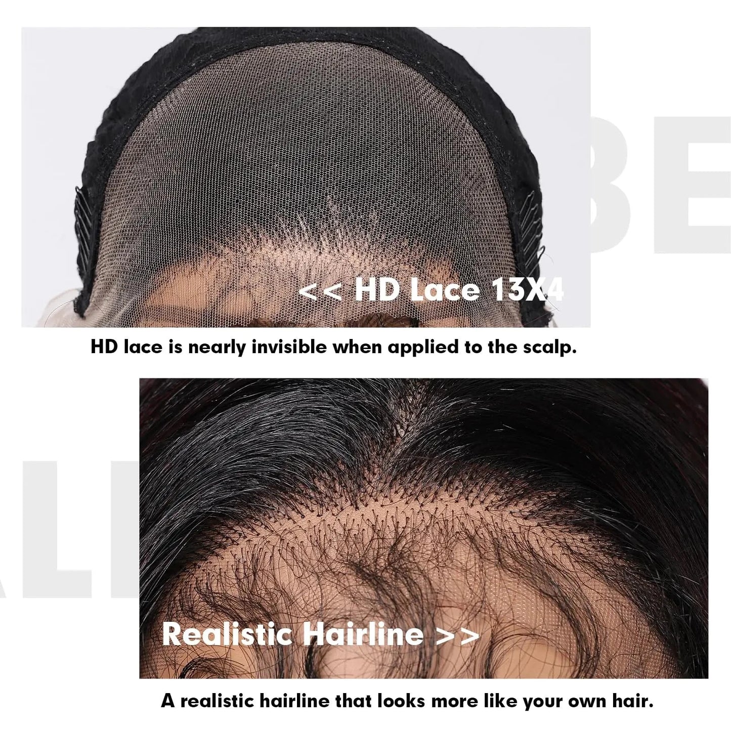 Close-up of a wig with HD lace and realistic hairline on a white background.