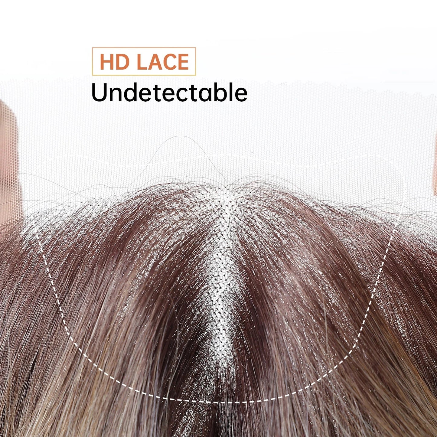 Close-up of hair with HD lace design labeled 'Undetectable' on a white background