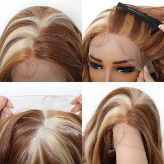 Collage of a brown blonde wig with close-up details on a white background