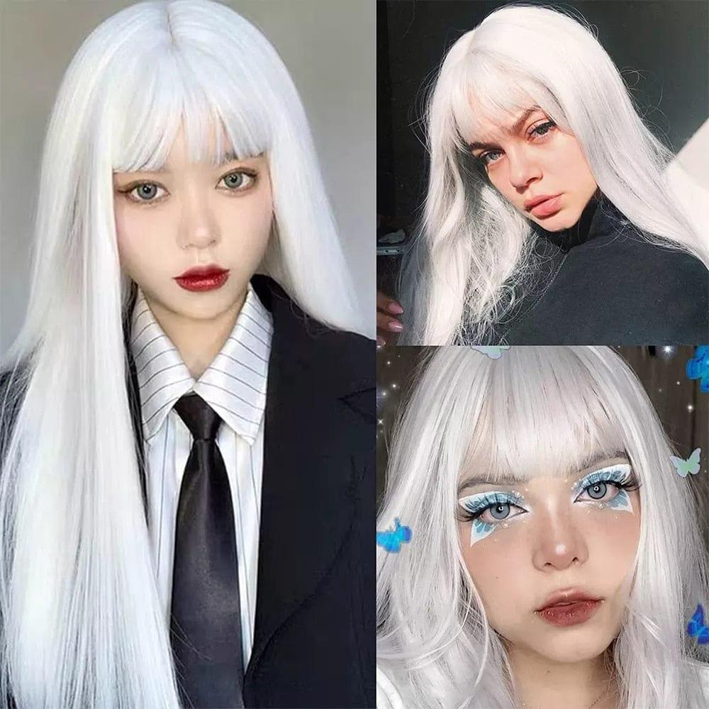 Collage of a person with long white hair wig styled differently.