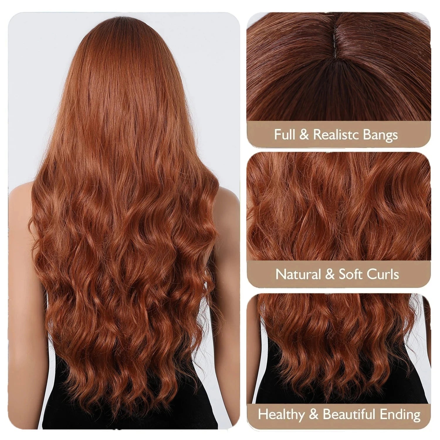 Collage of dark copper red wig with close-up details on a white background