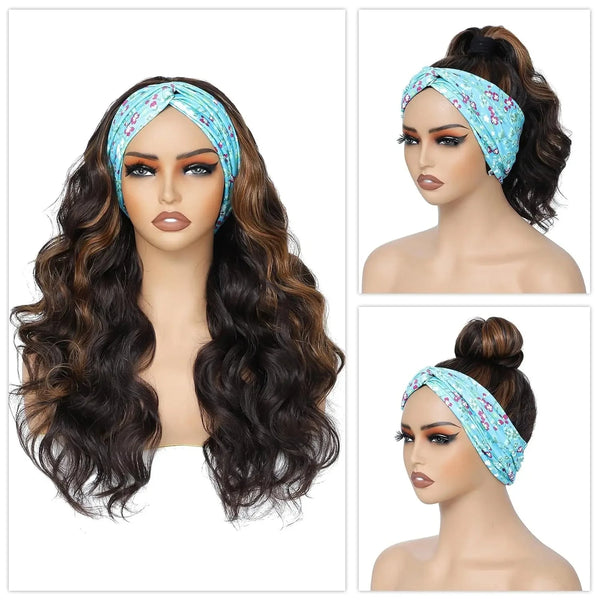 Collage of mannequin heads with Curly Brown Headband Wigs on a white background