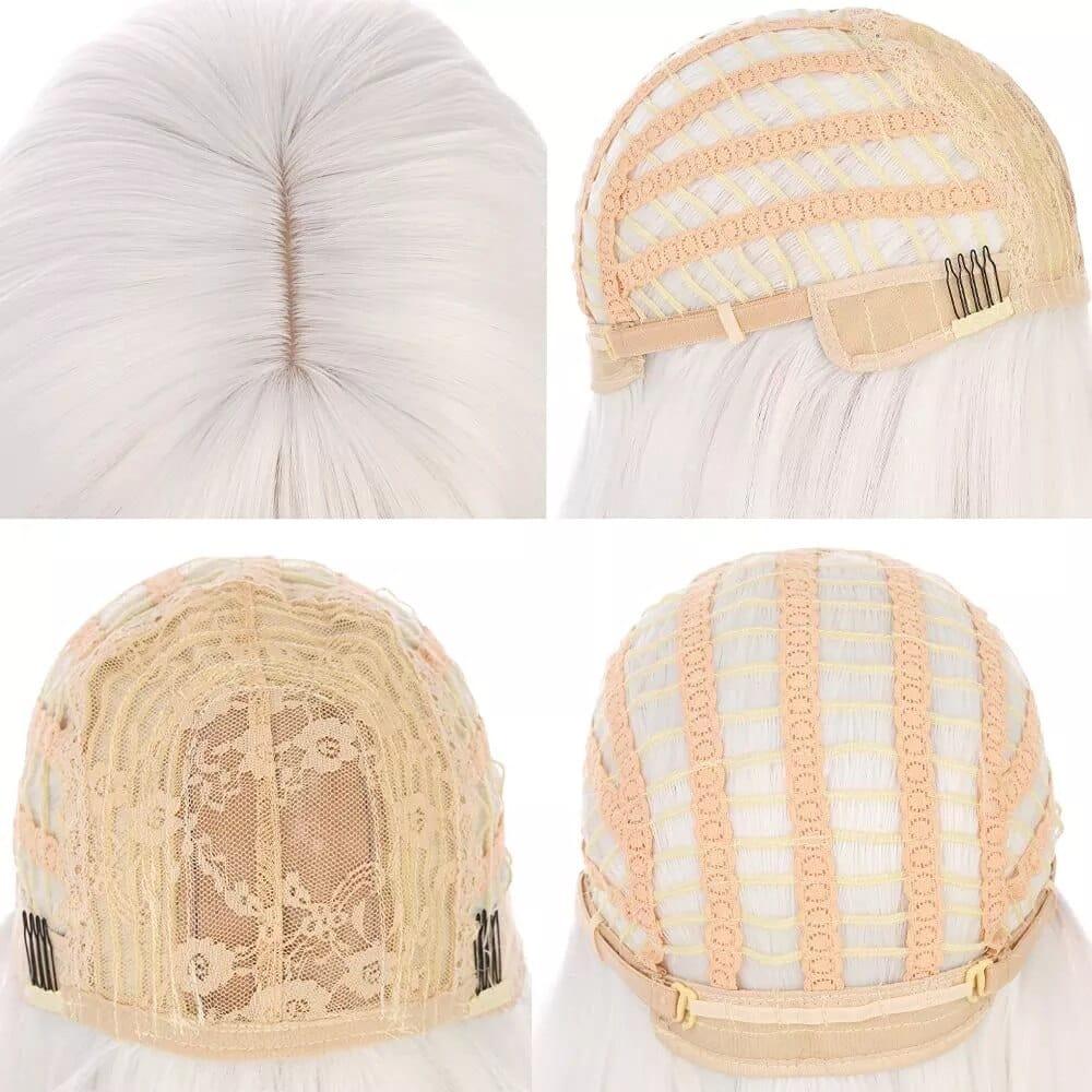 Collection of beige caps with lace front design on a white background