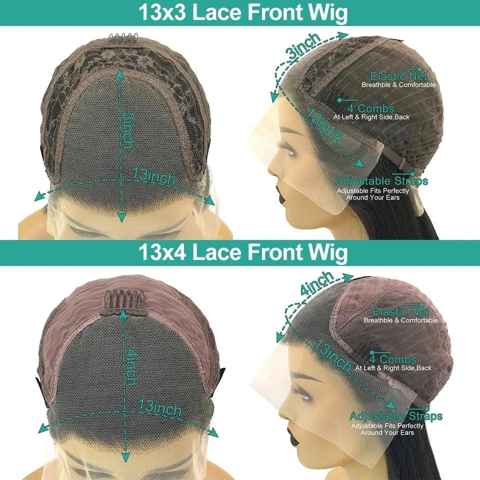 Comparison of 13x3 and 13x4 lace front wigs with measurements and features highlighted.