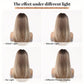 Comparison of blonde wig hair color under different lighting conditions on a white background.