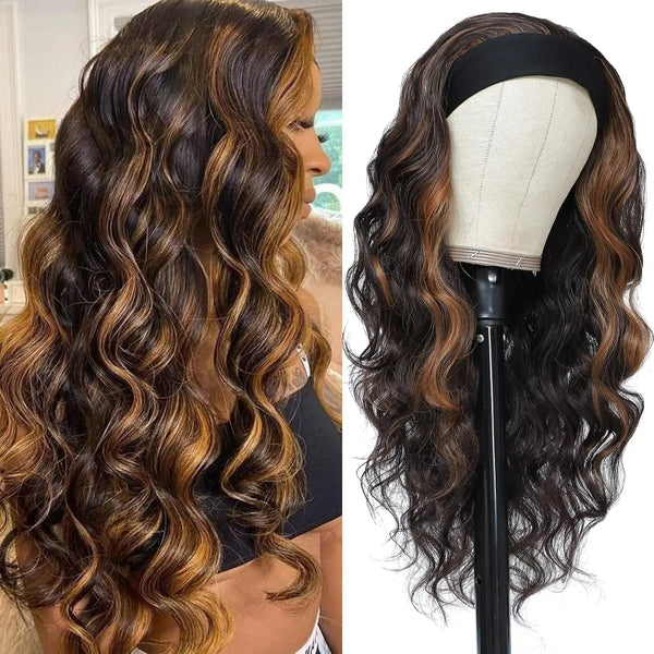 Curly Brown Headband Wig on a mannequin head and a person.