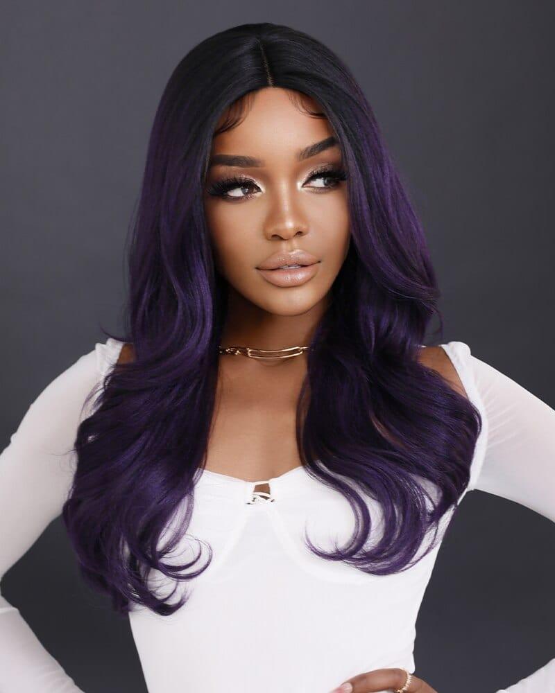 Detailed close-up of pre-plucked hairline on purple lace front wig with baby hairs for natural appearance