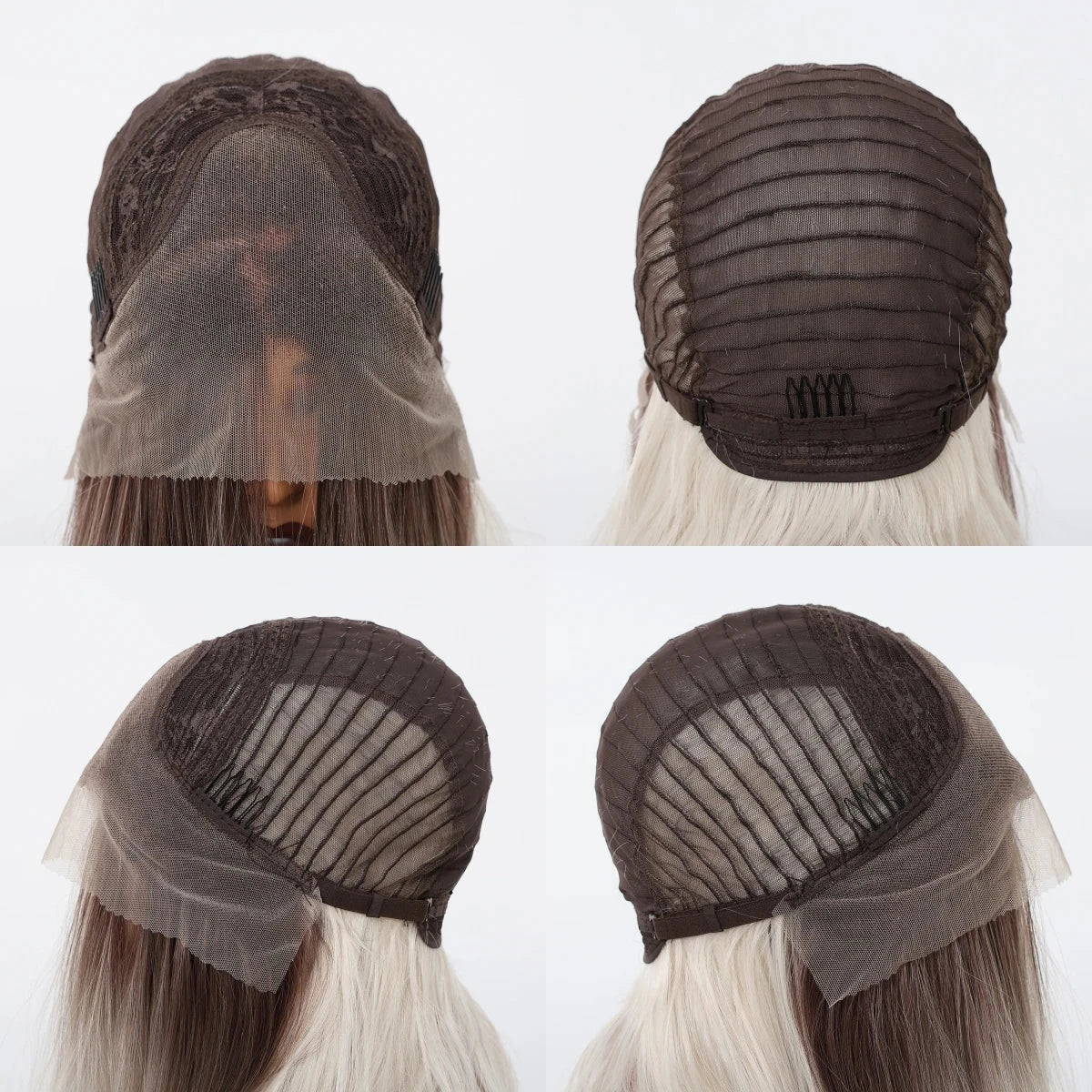Four views of a blonde hair wig with a lace front and synthetic hair.